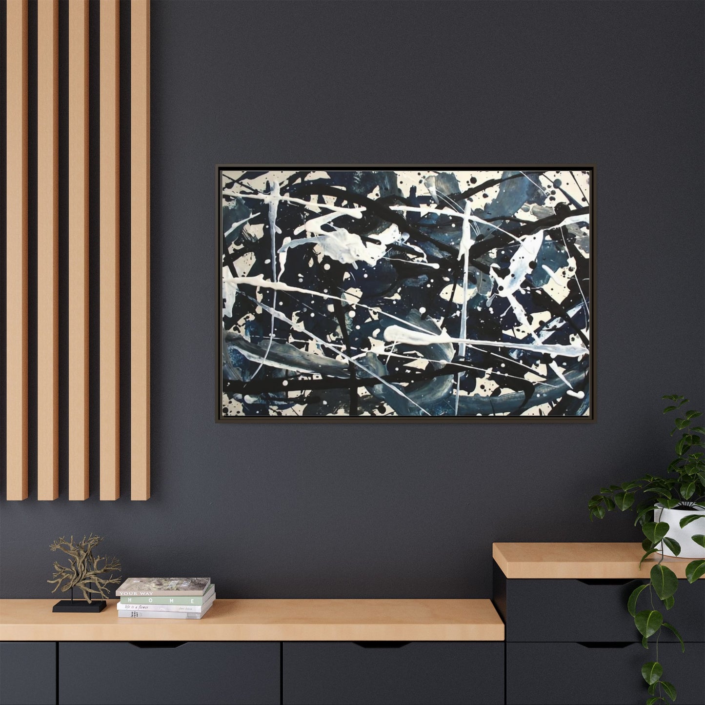 Abstract Splatter Matte Canvas Framed Wall Art — Black & Blue Modern Art Print