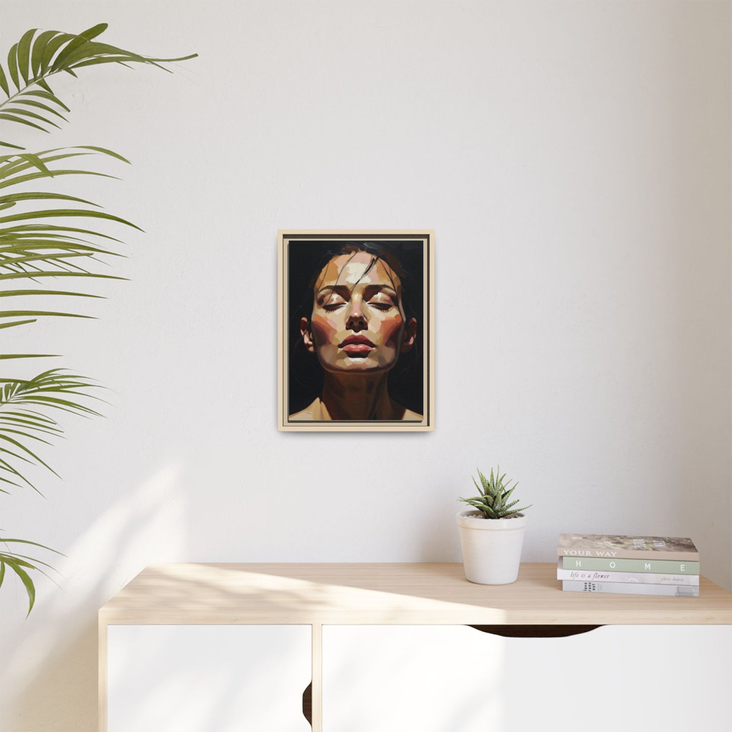 Framed Matte Canvas Portrait – Woman with Eyes Closed (Multi‑Color)