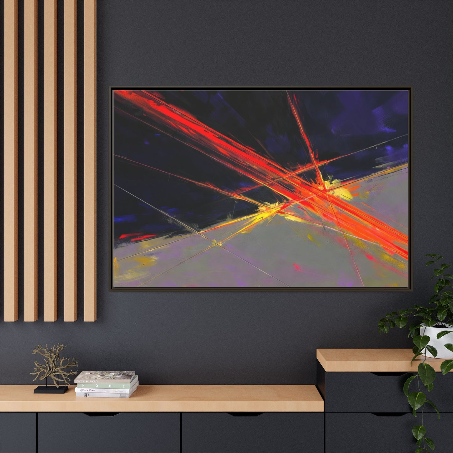 Abstract Red Streaks Framed Matte Canvas Art — Modern Multi‑Color Wall Decor