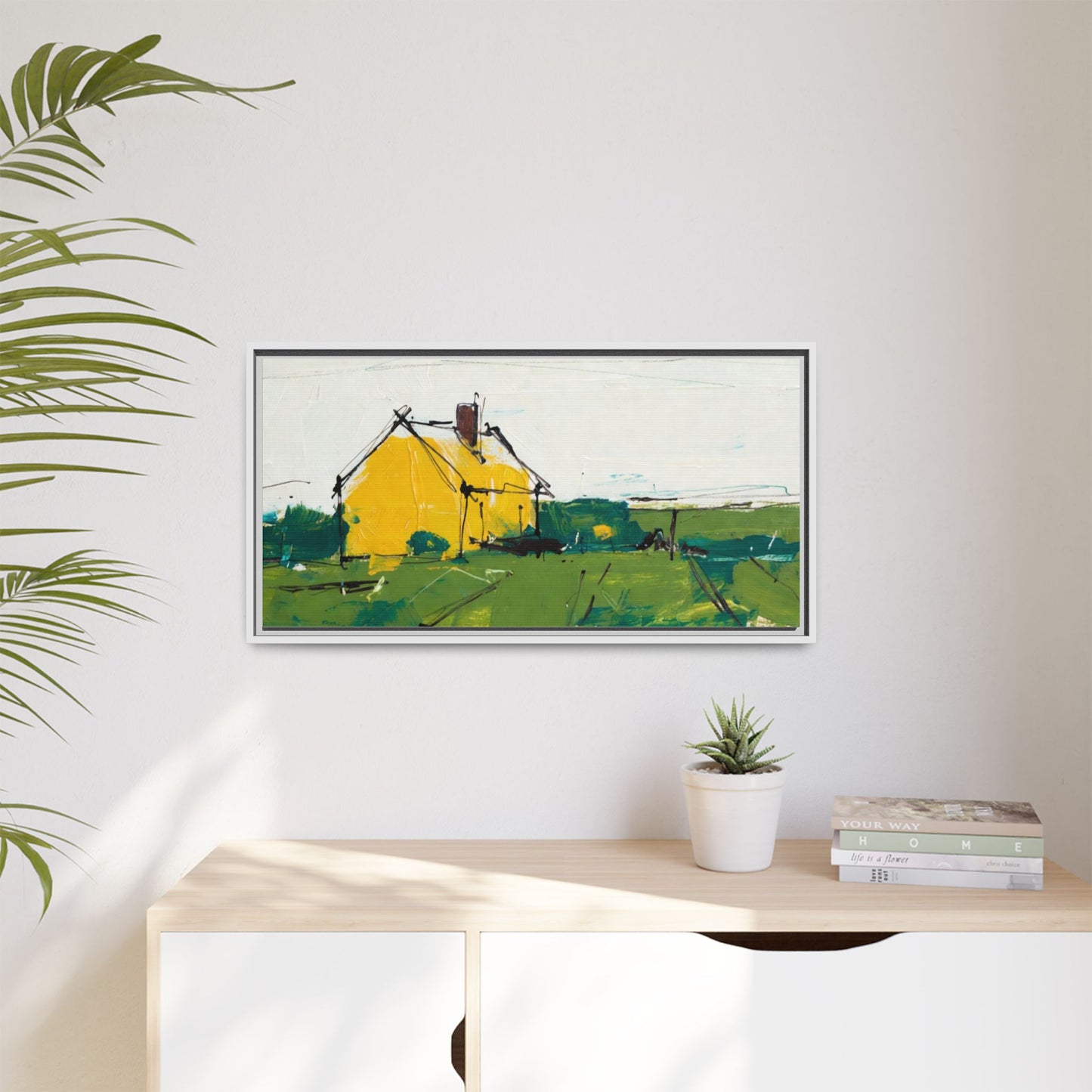 Yellow Cottage Landscape Framed Canvas Print