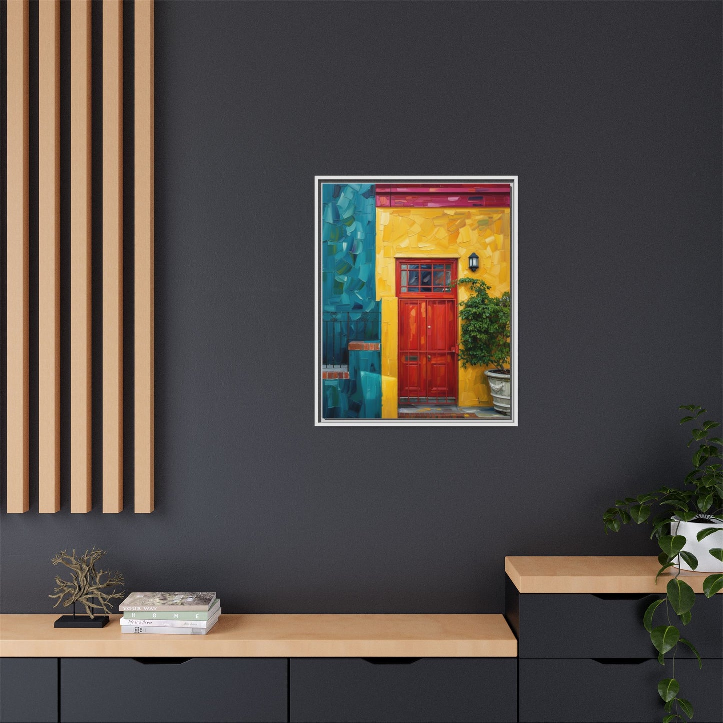 Framed Matte Canvas Wall Art — Colorful Red Door on Yellow Facade