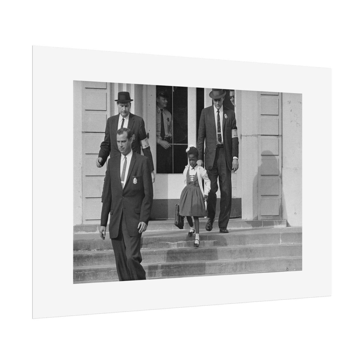 US Marshals with Young Ruby Bridges on School Steps by Unknown  Black & White Civil Rights Photograph Wall Art Print