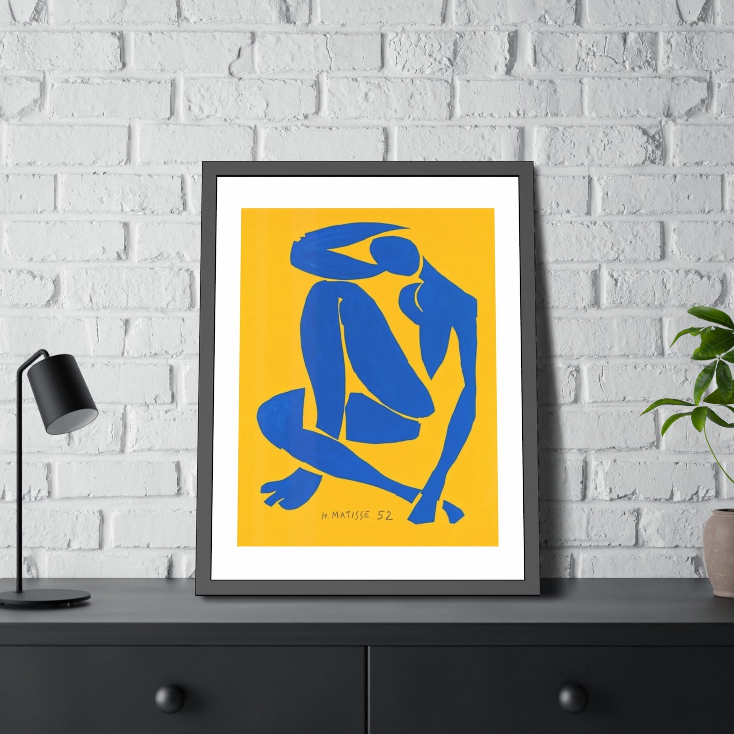 Framed Art Print - Blue Cutout Figure on Yellow (Matisse Style)