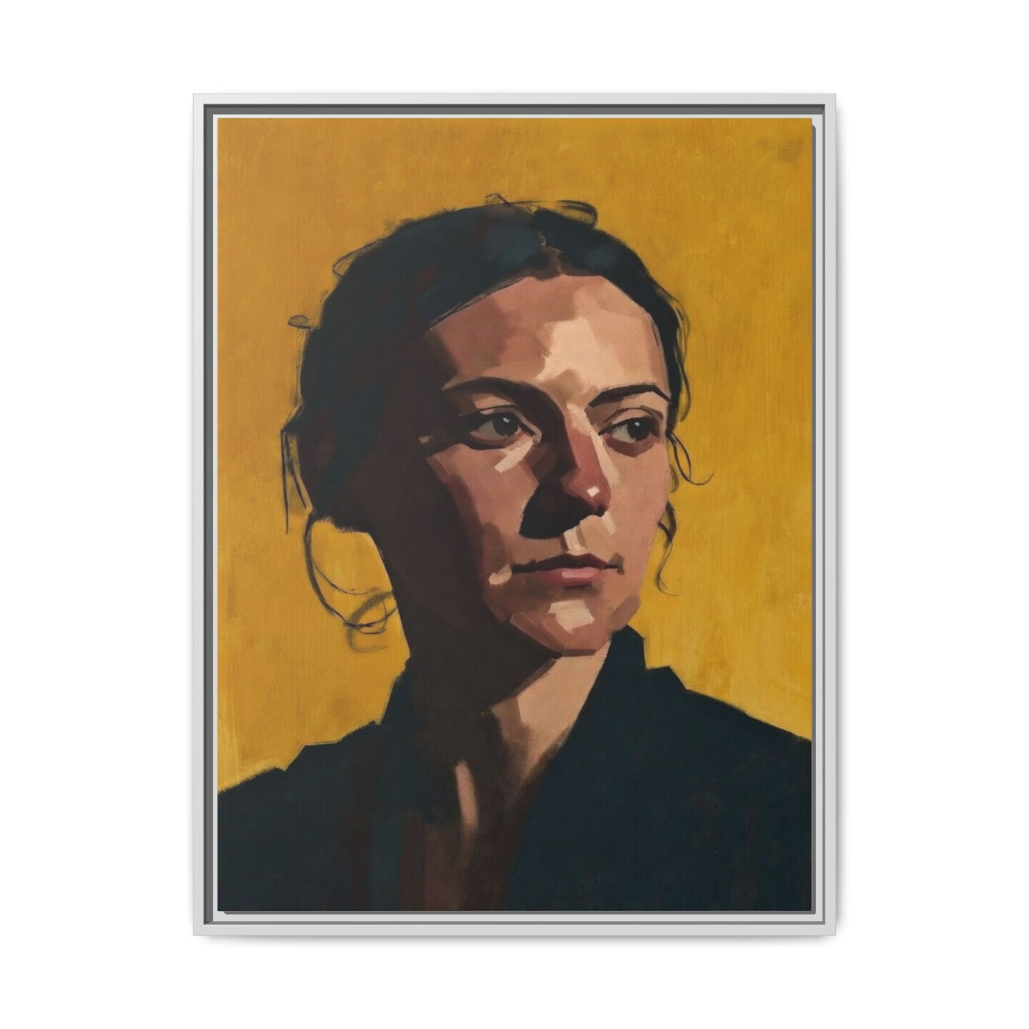 Framed Matte Canvas Portrait Art — Moody Woman on Mustard Background