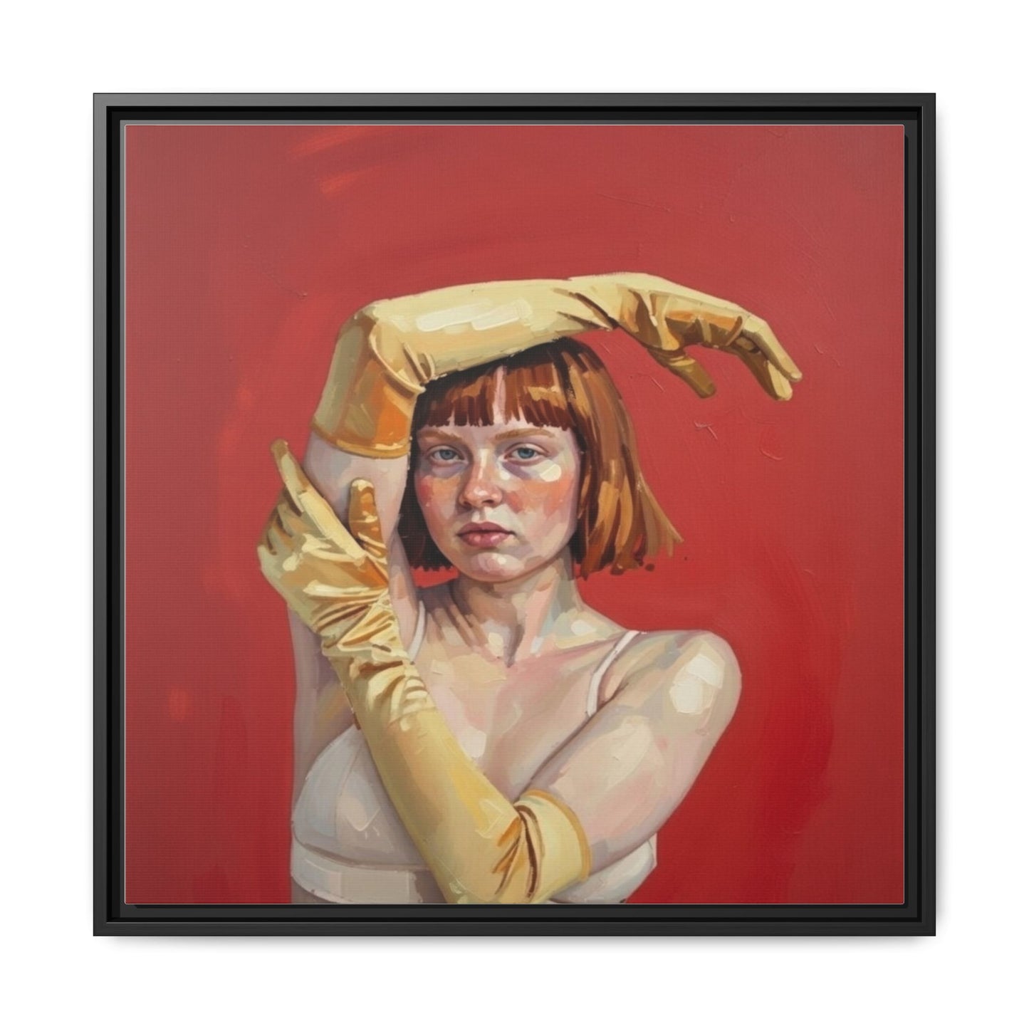 Framed Matte Canvas Art - Portrait of Woman in Yellow Gloves (Red Background)
