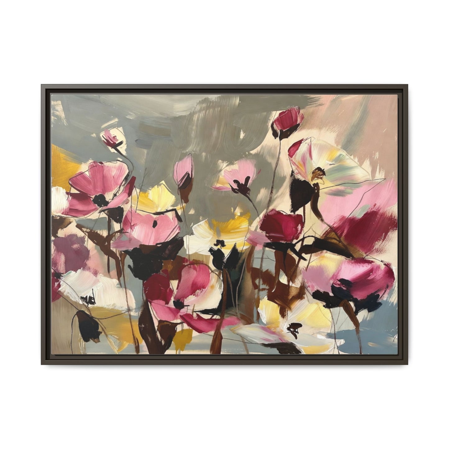 Framed Floral Canvas Wall Art — Abstract Pink & Yellow Flowers