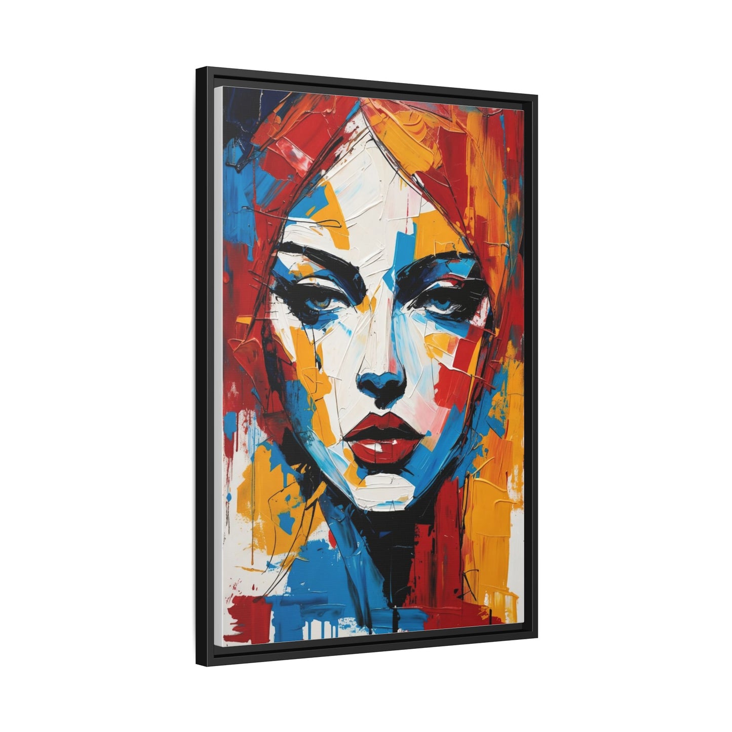 Framed Abstract Portrait Canvas — Colorful Female Face Wall Art
