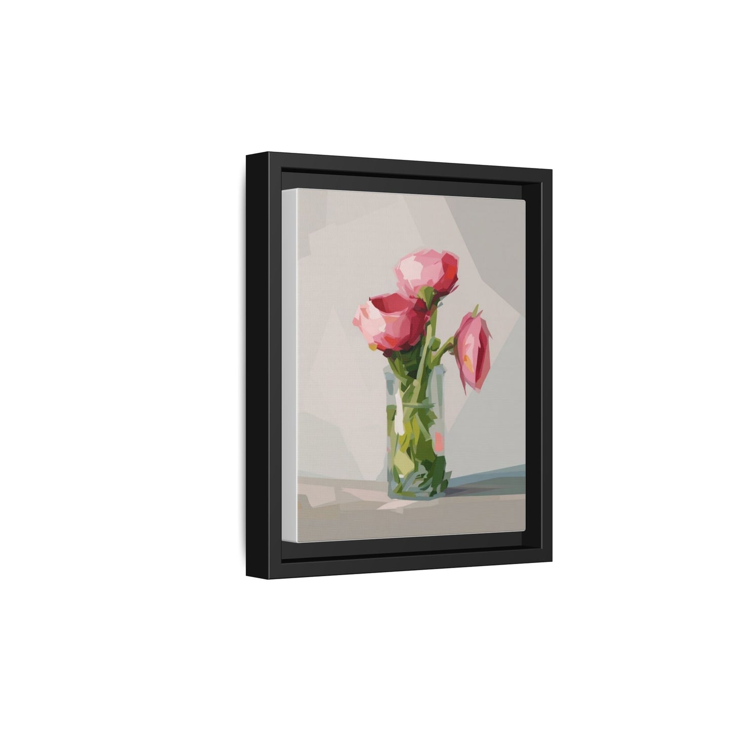 Framed Canvas Art — Pink Roses in Vase, Modern Floral Wall Print