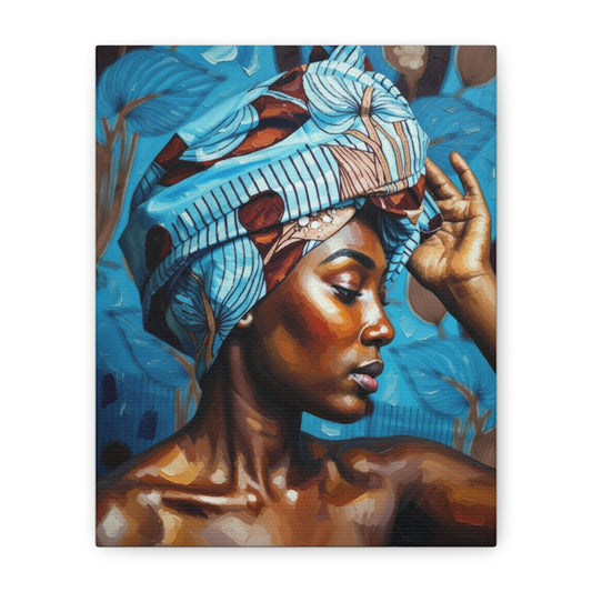African Woman Portrait Canvas Wall Art - Blue Headwrap Matte Stretched Canvas