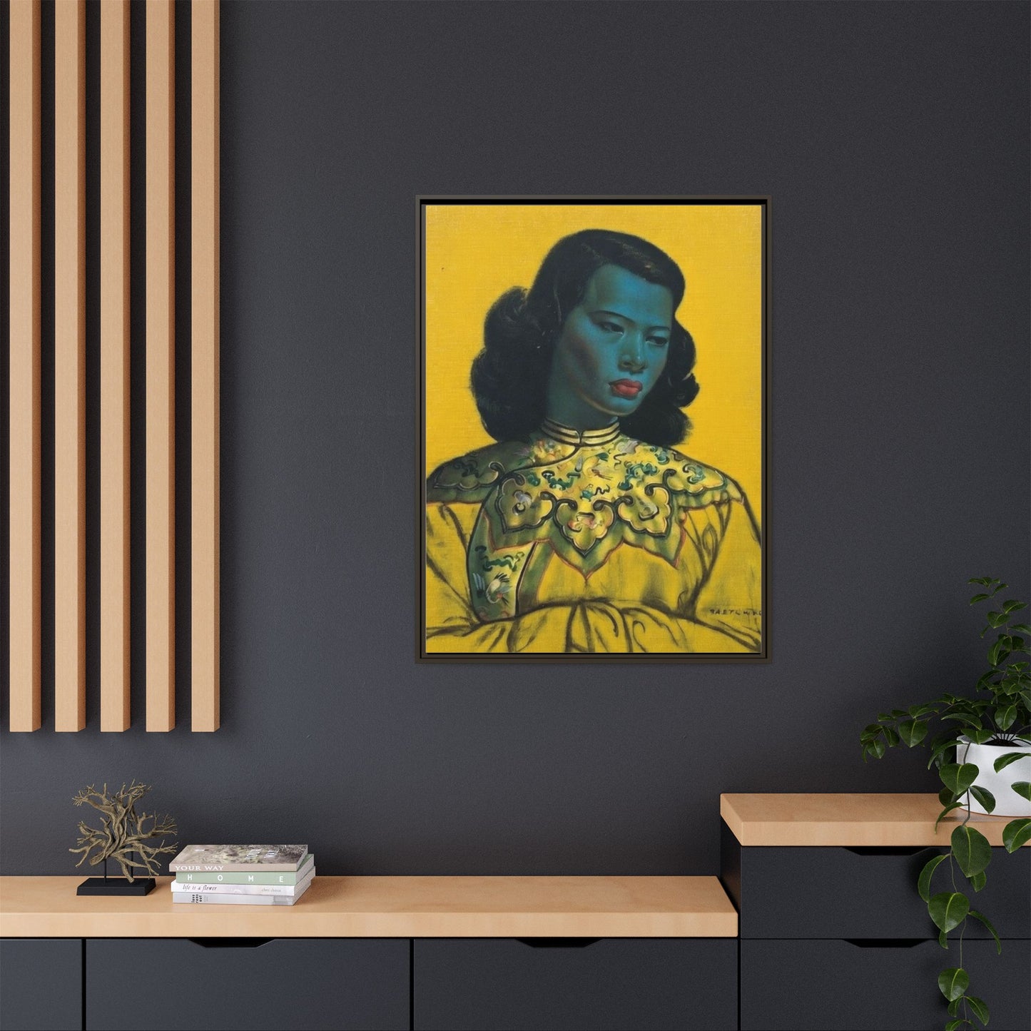 Framed Matte Canvas Art Print — Vintage Portrait with Yellow Background