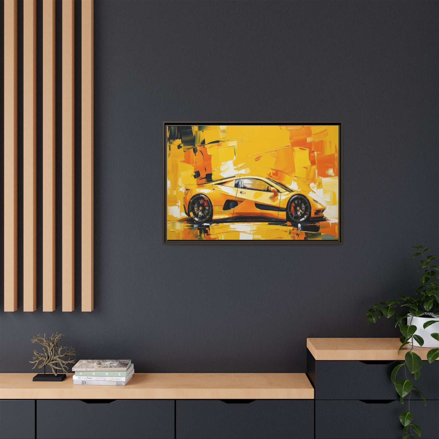 Yellow Sports Car Abstract Matte Canvas Framed Print