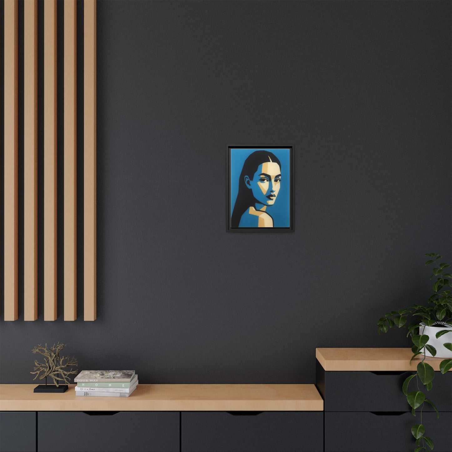 Framed Pop Art Portrait Canvas — Blue Geometric Woman Print