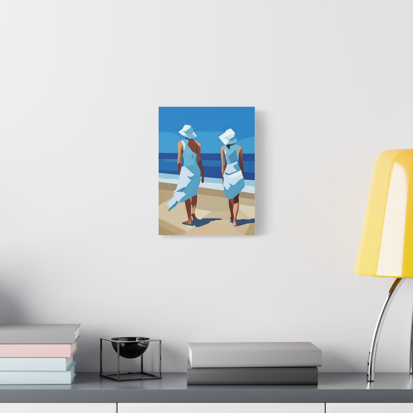 Beach Stroll Canvas Print — Two Women in Blue Sun Hats Matte Stretched