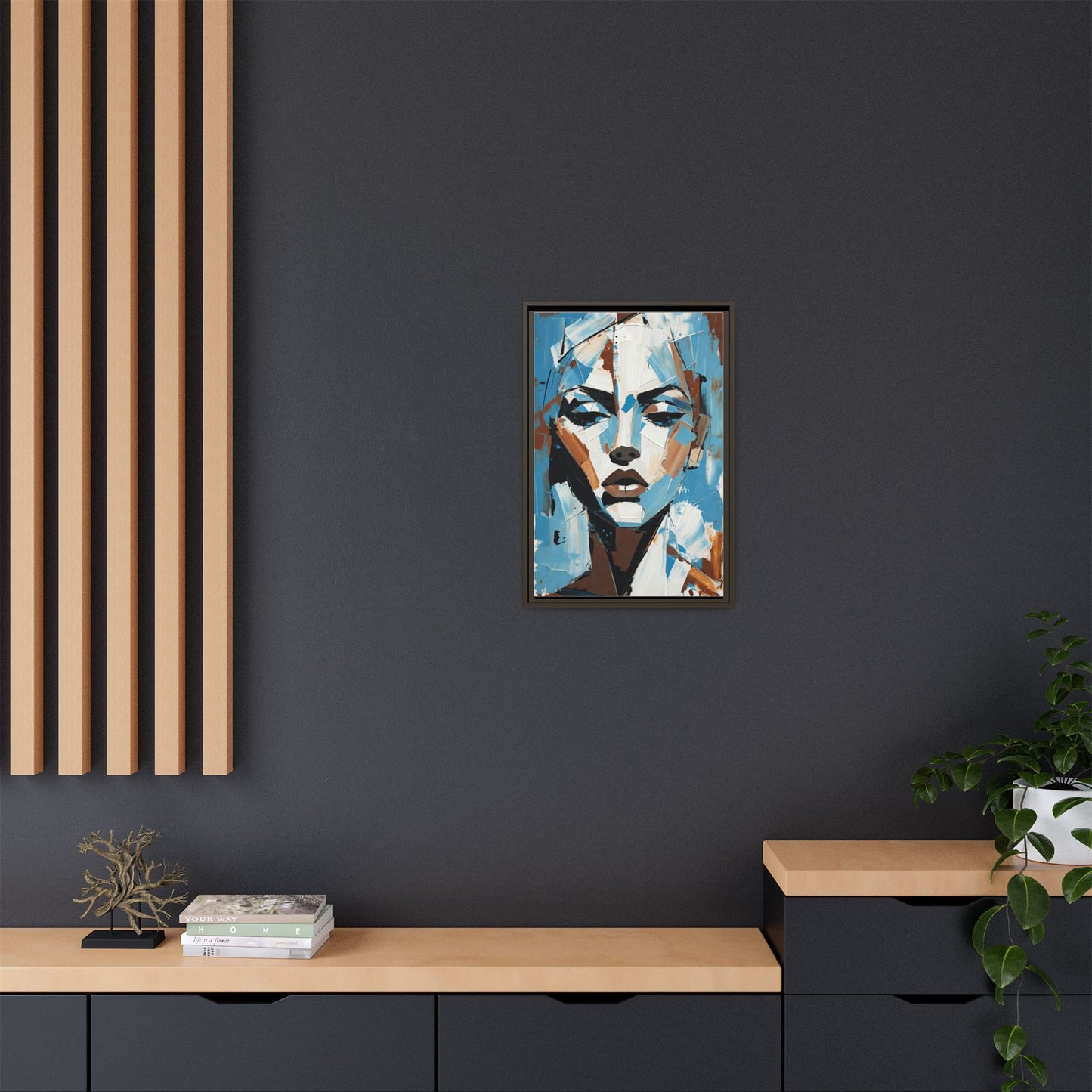 Abstract Blue Face Matte Canvas Wall Art — Framed Modern Portrait Print