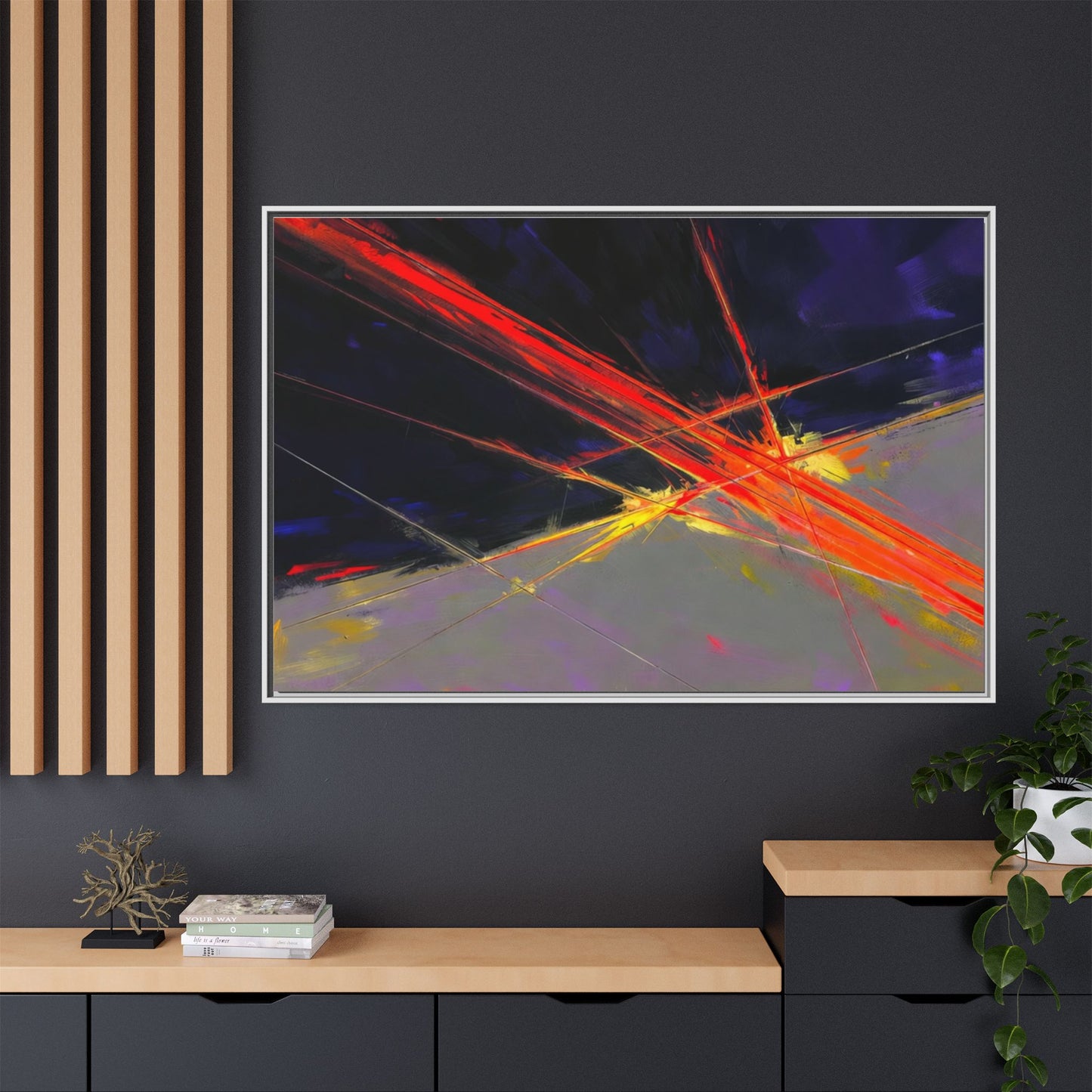 Abstract Red Streaks Framed Matte Canvas Art — Modern Multi‑Color Wall Decor