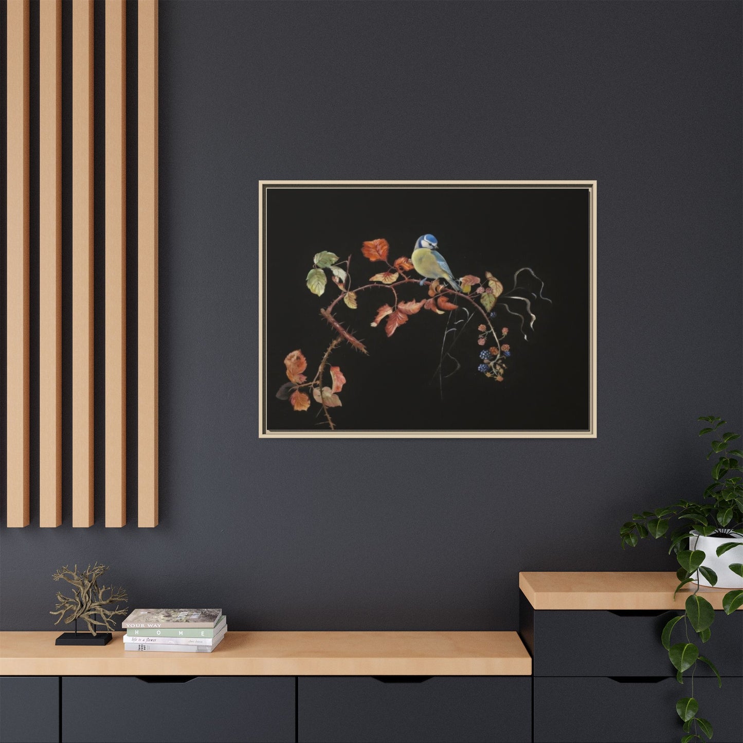 Framed Matte Canvas - Blue Tit on Autumn Branch Wall Art