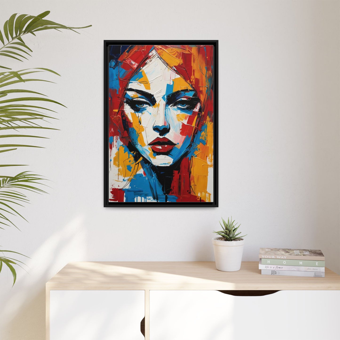 Framed Abstract Portrait Canvas — Colorful Female Face Wall Art