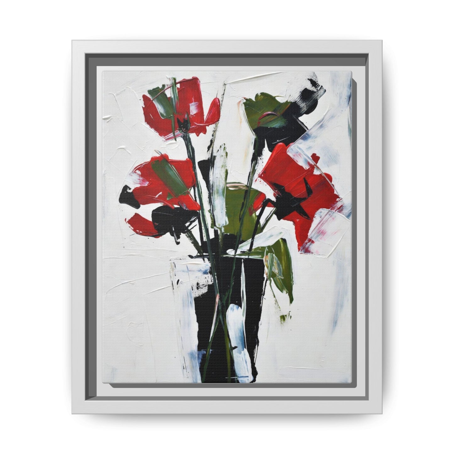 Framed Abstract Floral Canvas Print — Red Poppies in Black Vase