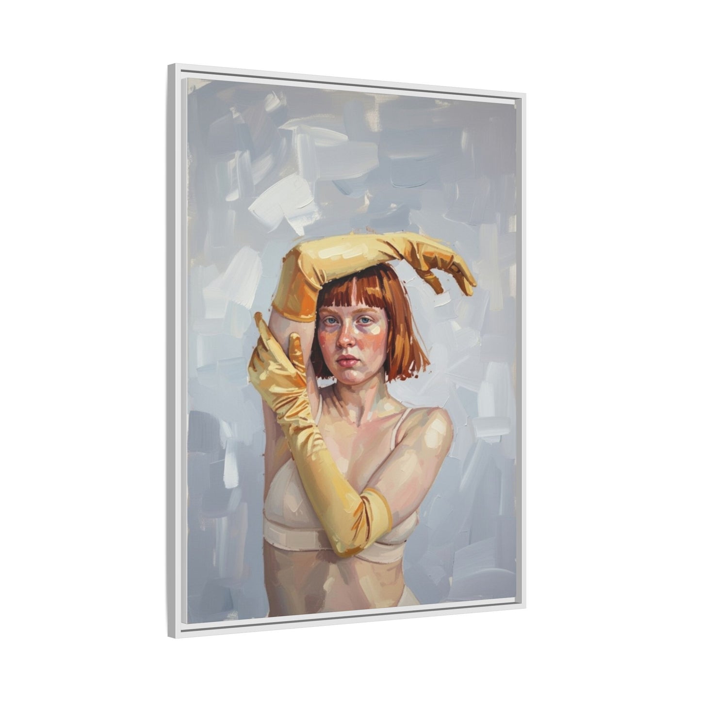 Contemporary Portrait Canvas Print — Woman with Yellow Gloves (Framed Matte)