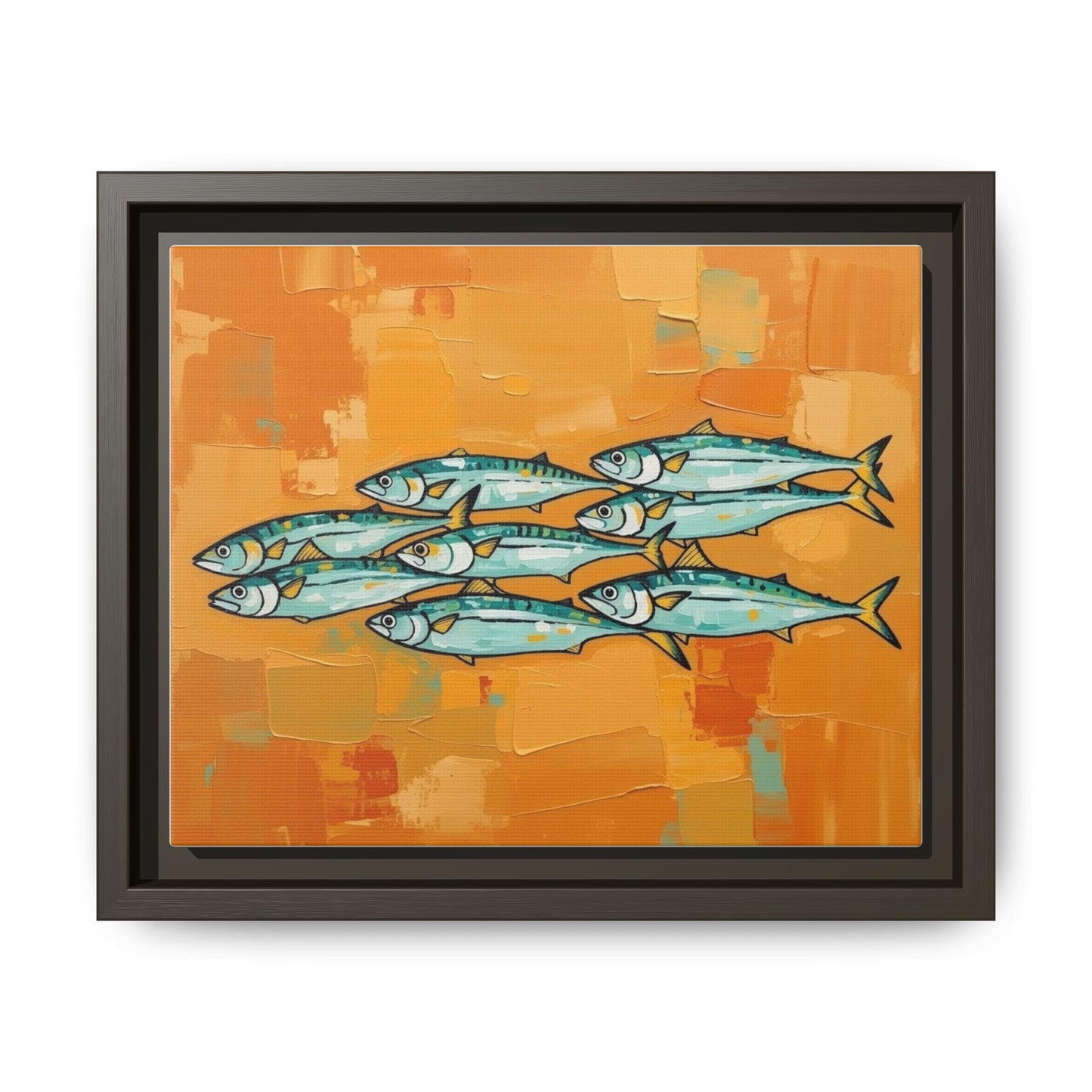 Framed Matte Canvas Print — School of Blue Fish on Orange Abstract Background