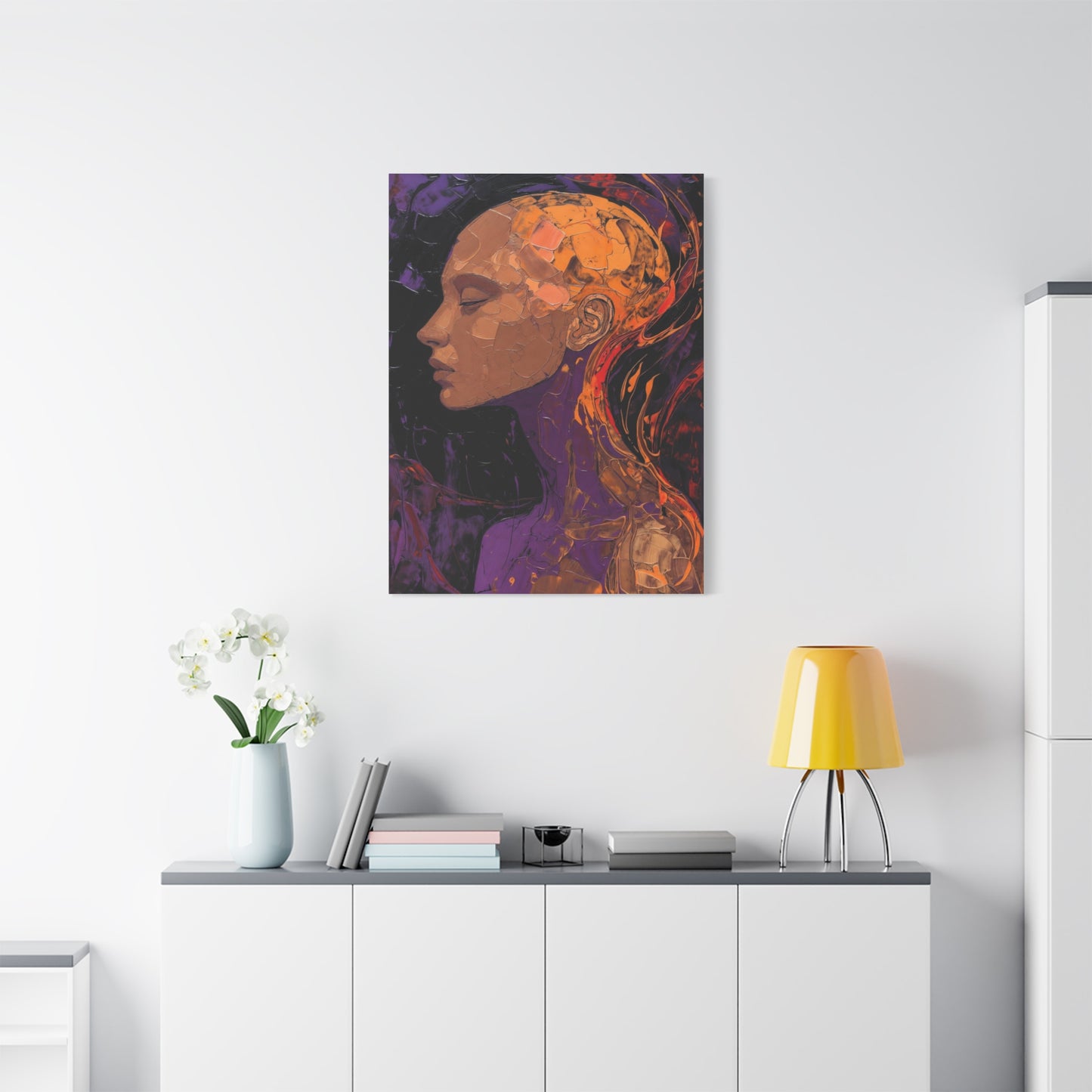 Abstract Portrait Canvas - Meditative Female Profile in Purple & Orange