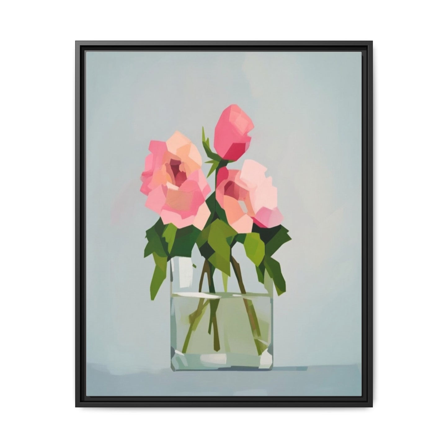 Framed Floral Canvas Print — Pink Roses in Glass Vase (Matte)