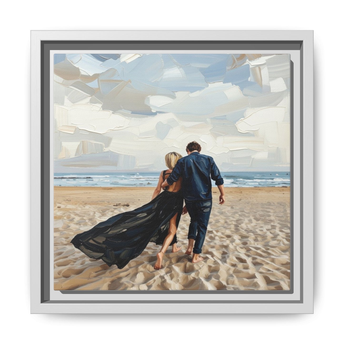 Framed Canvas Wall Art — Romantic Couple Walking on Beach Print