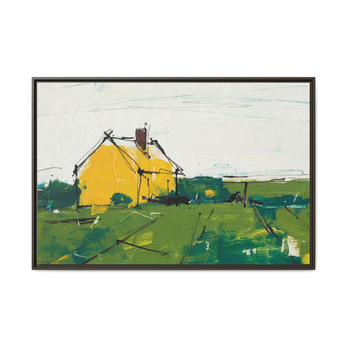Yellow Cottage Landscape Framed Canvas Print