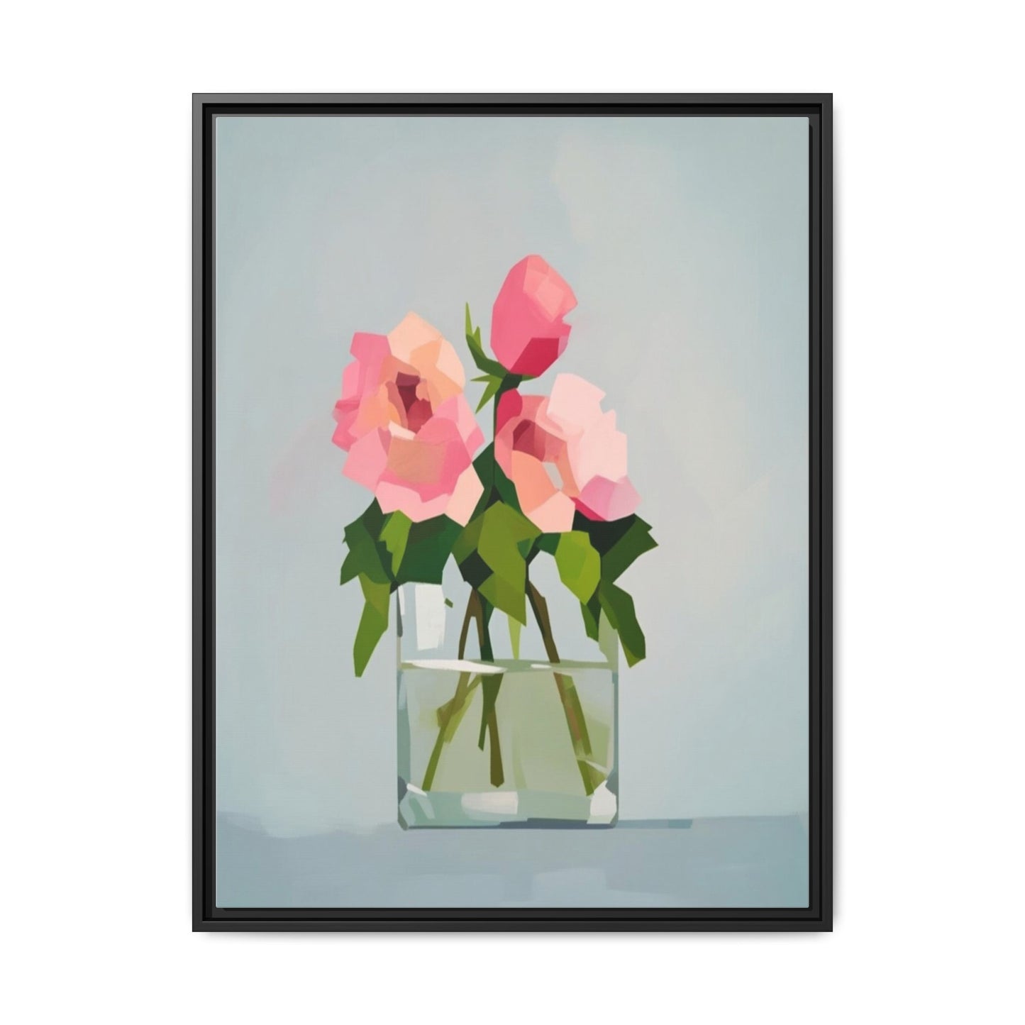 Framed Floral Canvas Print — Pink Roses in Glass Vase (Matte)