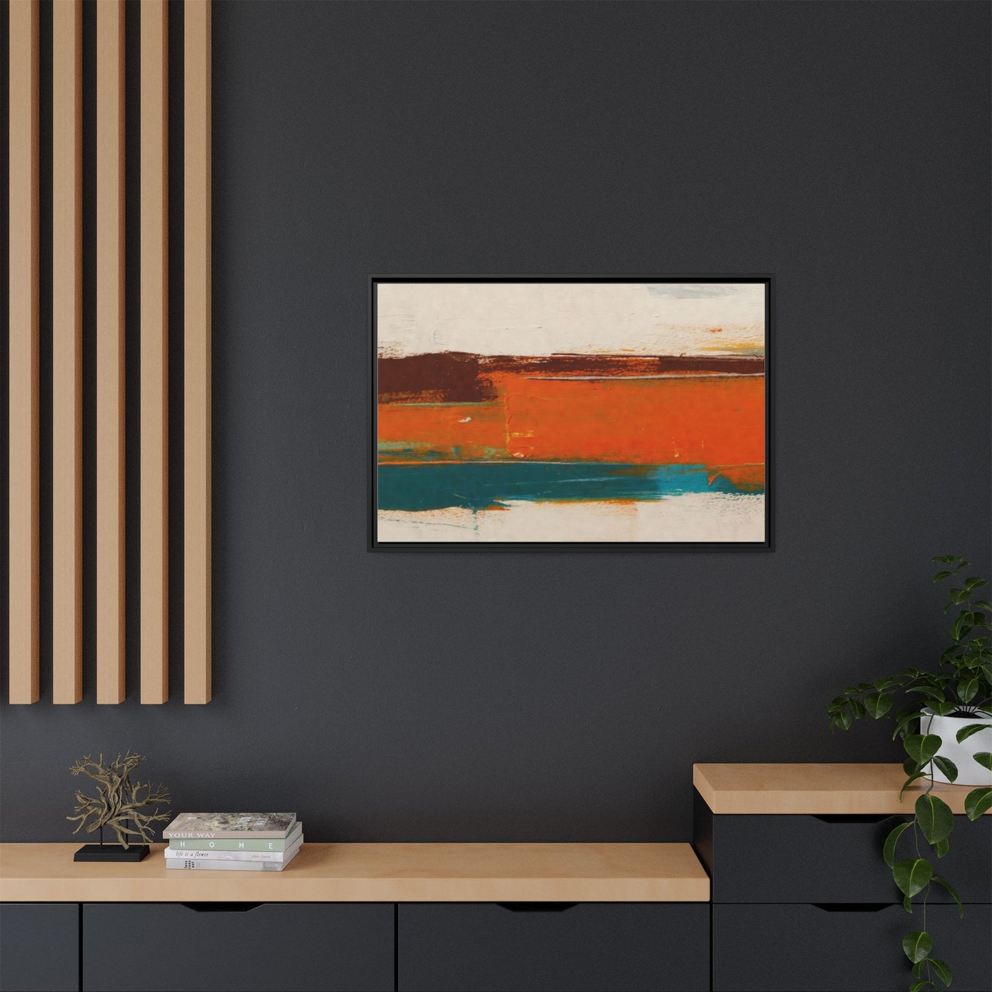 Abstract Horizon Matte Canvas Framed Print — Modern Orange Teal Wall Art