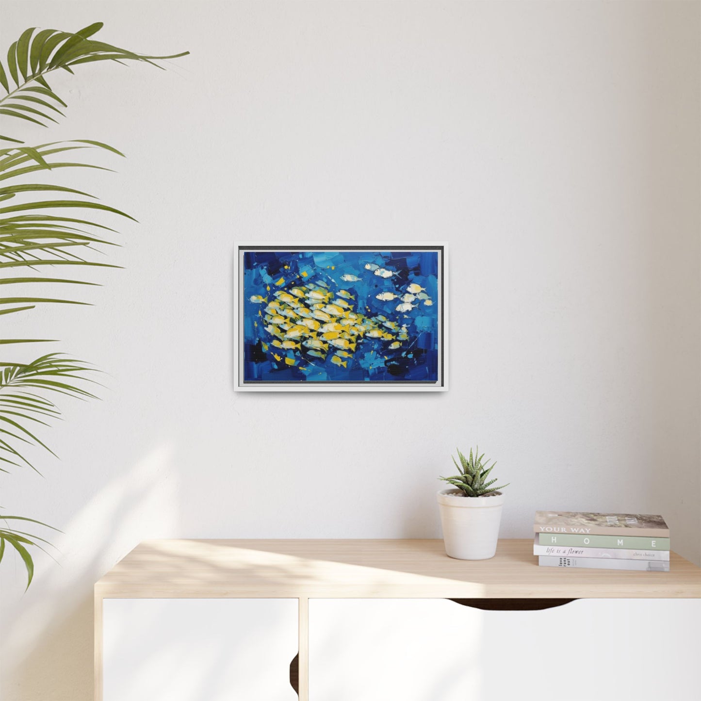 Framed Matte Canvas: Blue School of Fish Wall Art