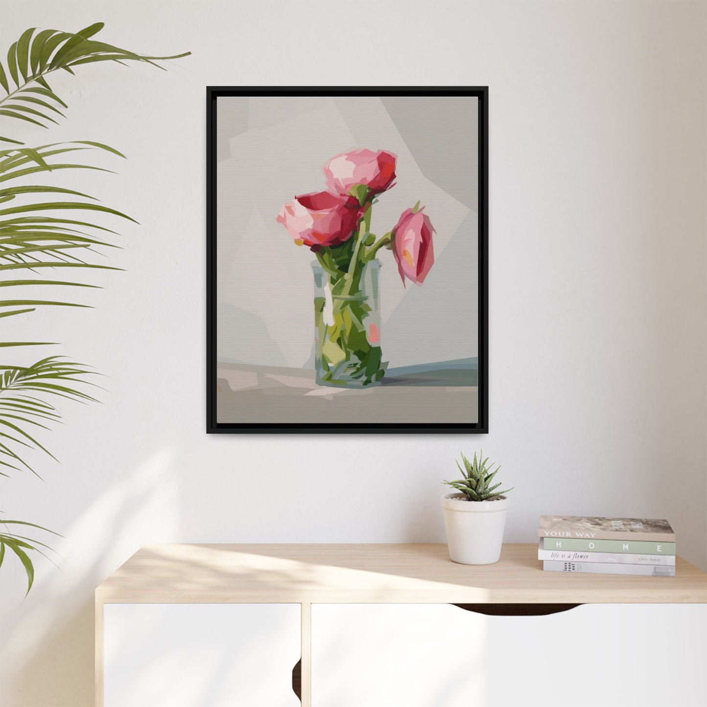 Framed Canvas Art — Pink Roses in Vase, Modern Floral Wall Print