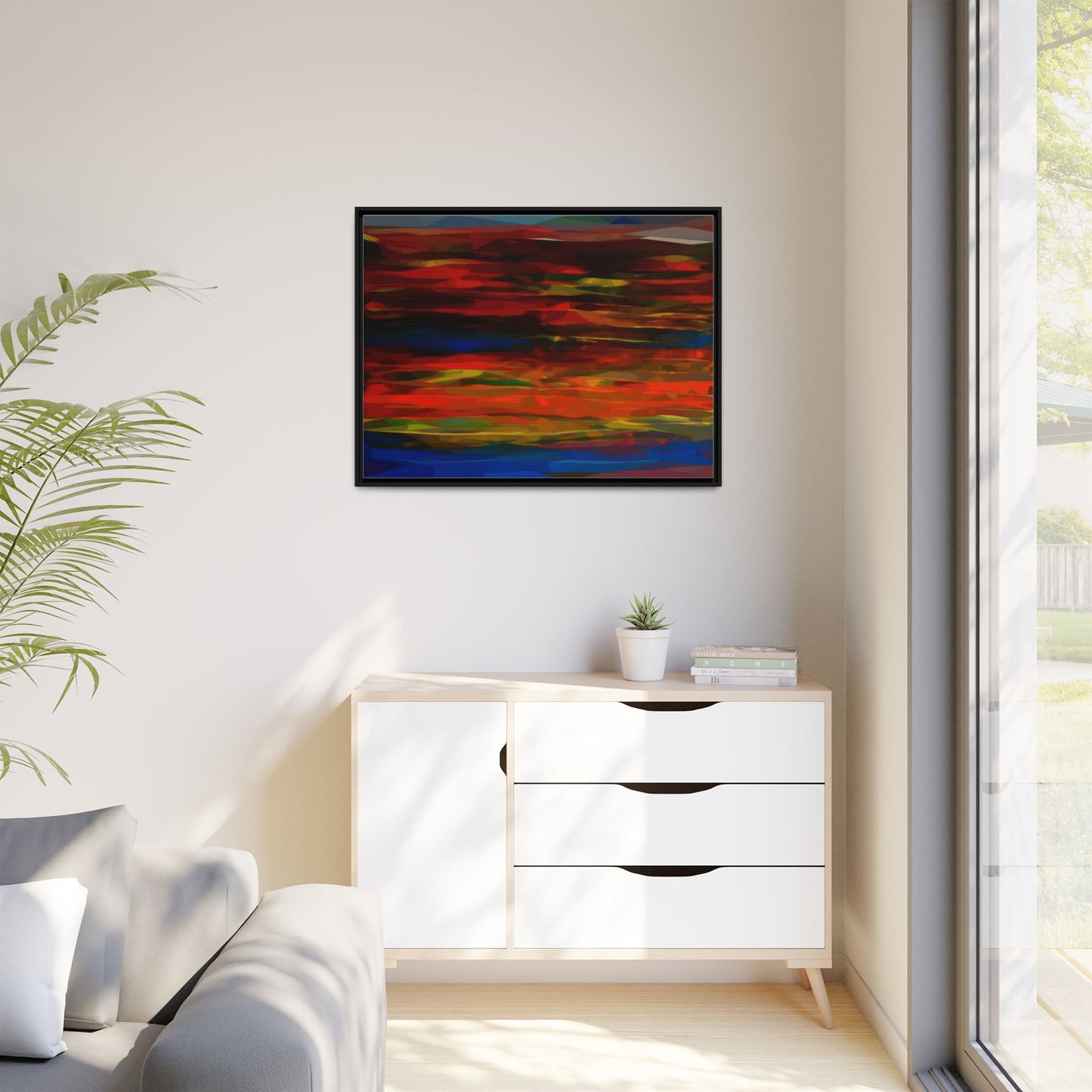 Abstract Multi-Color Matte Canvas Framed Wall Art — Bold Red & Blue Modern Painting