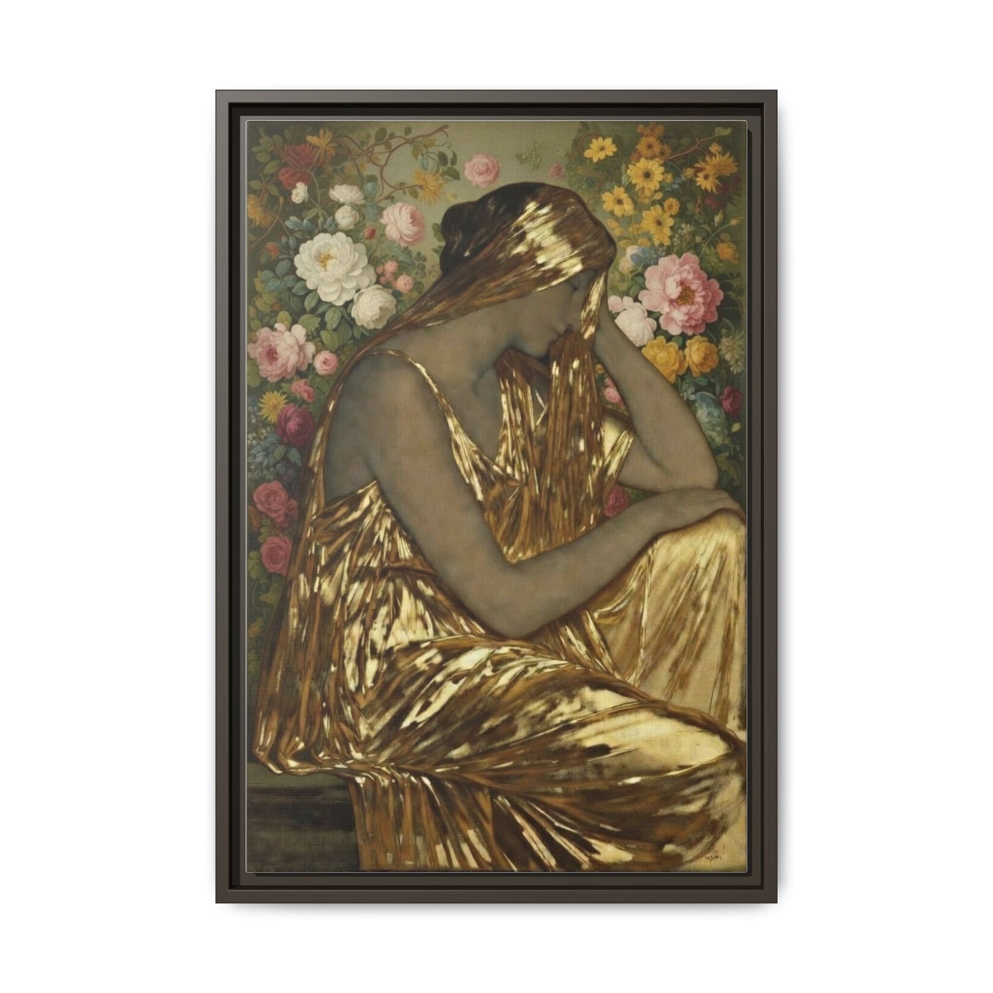Framed Canvas Art Print — Golden Muse Woman with Floral Background