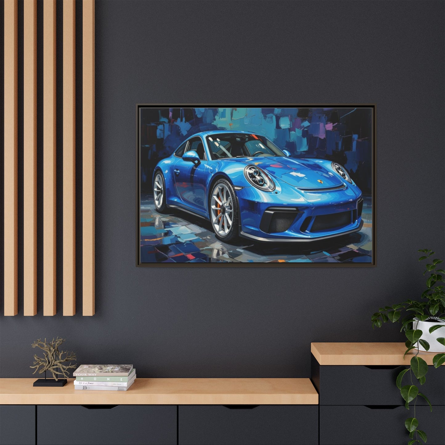 Blue Sports Car Matte Canvas Framed Print — Modern Automotive Wall Art