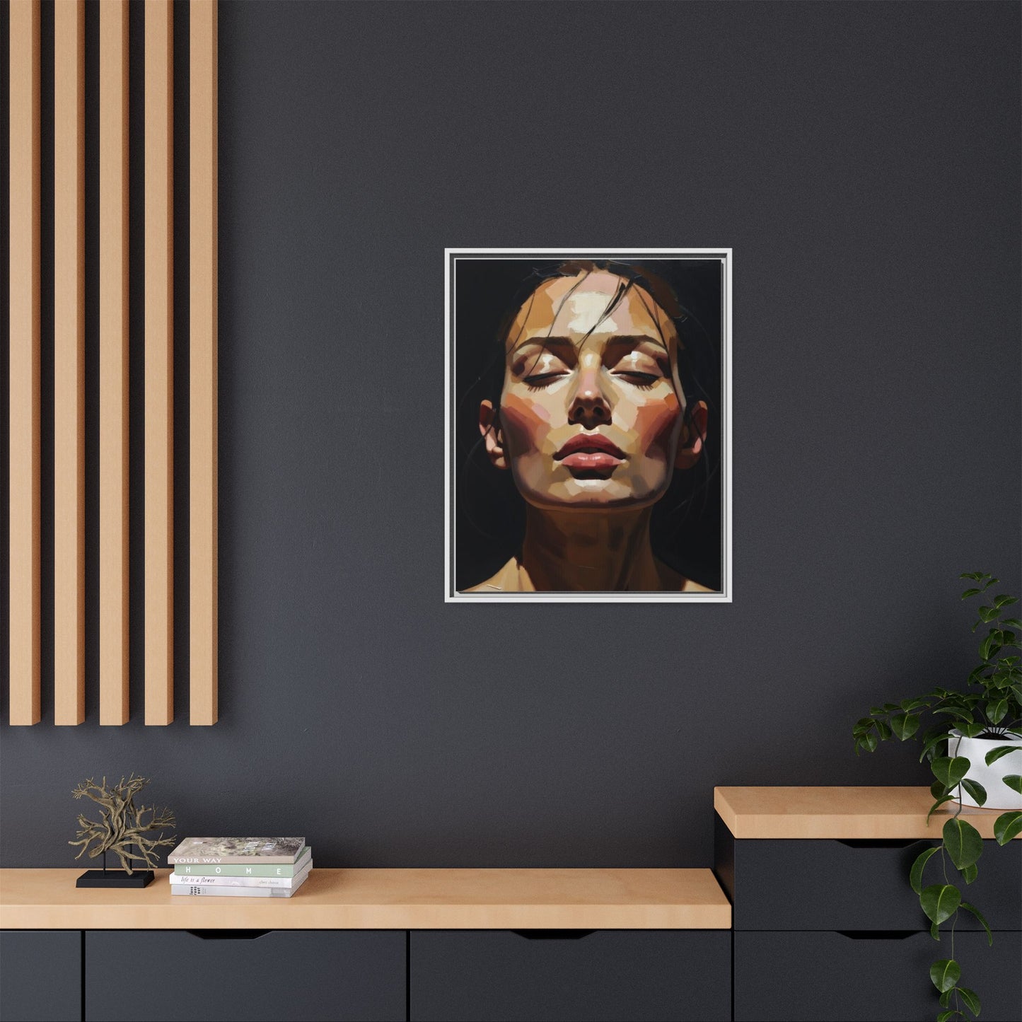 Framed Matte Canvas Portrait – Woman with Eyes Closed (Multi‑Color)