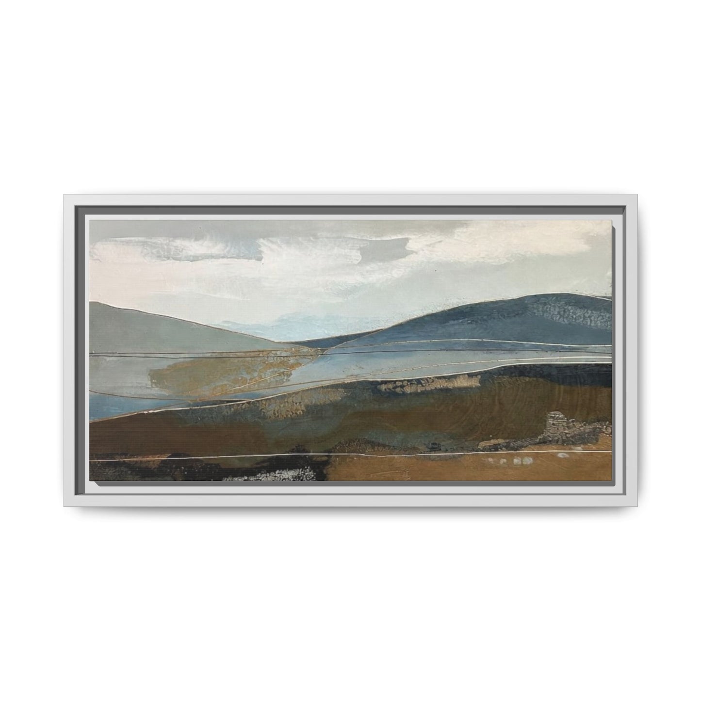 Framed Matte Canvas Landscape Art - Serene Abstract Hills in Blue & Earth Tones