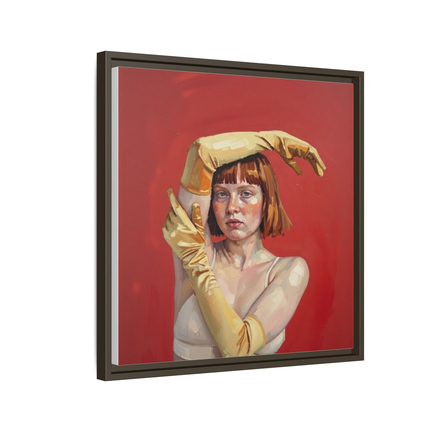 Framed Matte Canvas Art - Portrait of Woman in Yellow Gloves (Red Background)