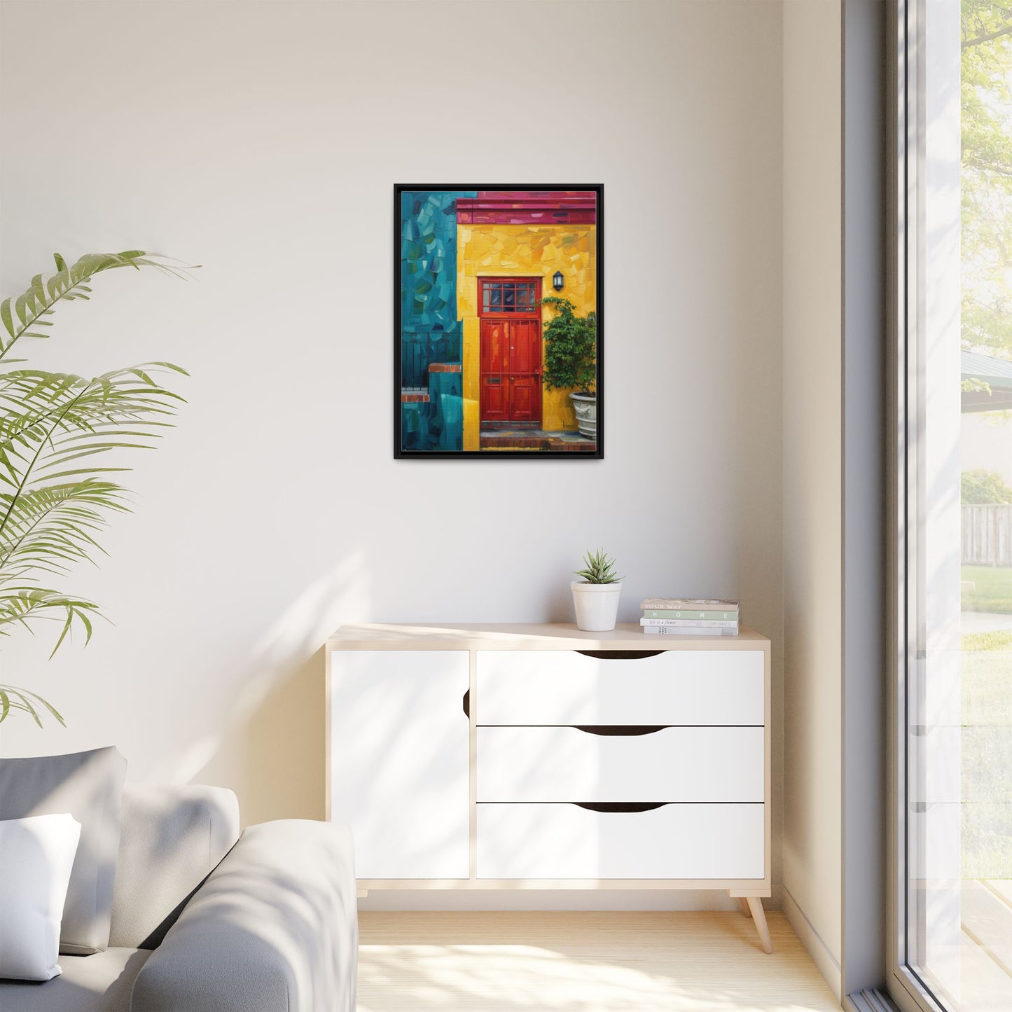 Framed Matte Canvas Wall Art — Colorful Red Door on Yellow Facade