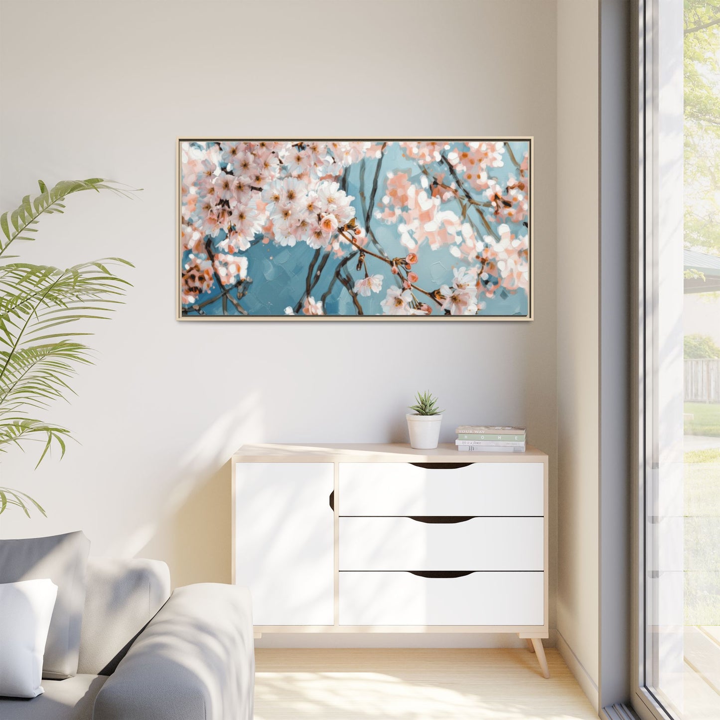 Framed Cherry Blossom Matte Canvas Print — Soft Pink Floral Wall Art