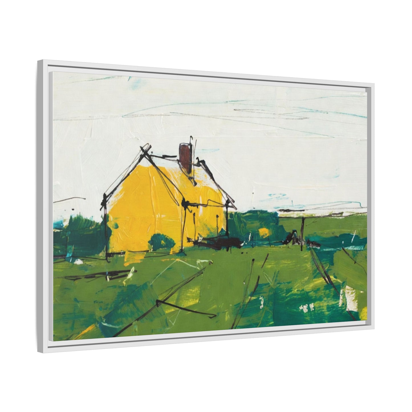 Yellow Cottage Landscape Framed Canvas Print