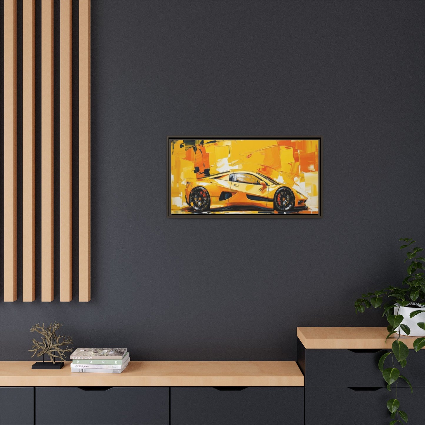 Yellow Sports Car Abstract Matte Canvas Framed Print