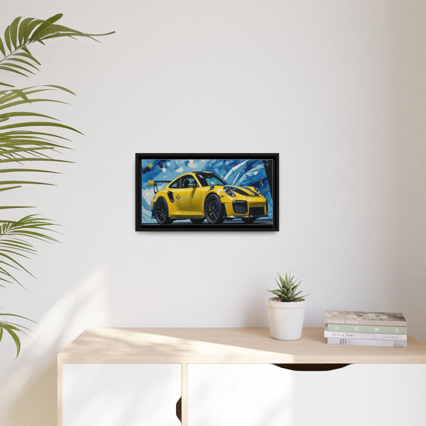 Yellow Porsche Sports Car Matte Framed Canvas – Modern Automotive Wall Art