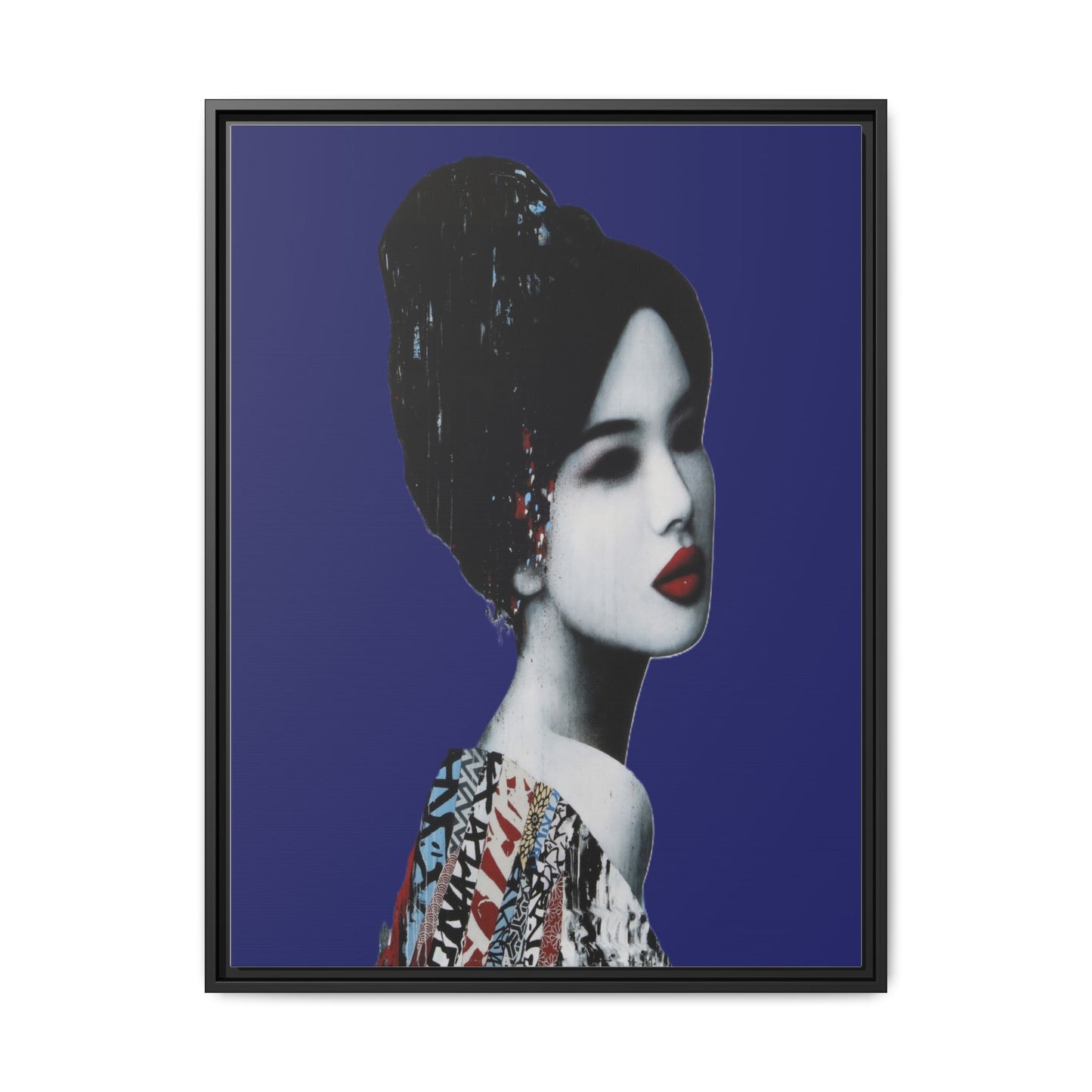 Framed Matte Canvas Art — Elegant Geisha Portrait on Deep Blue