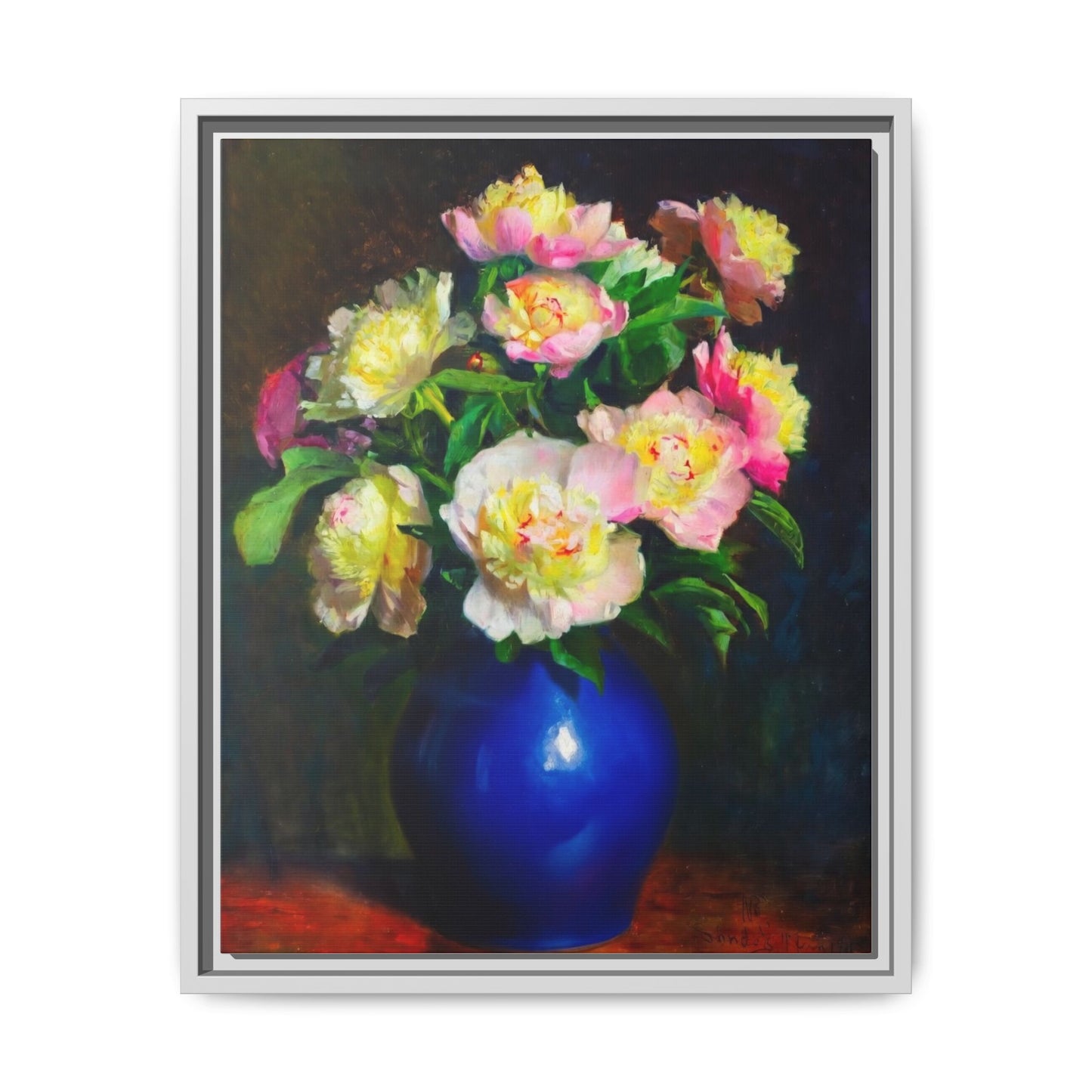 Framed Matte Canvas Wall Art — Vintage Floral Bouquet in Blue Vase