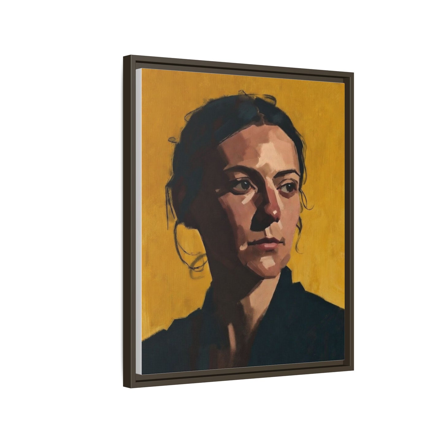 Framed Matte Canvas Portrait Art — Moody Woman on Mustard Background