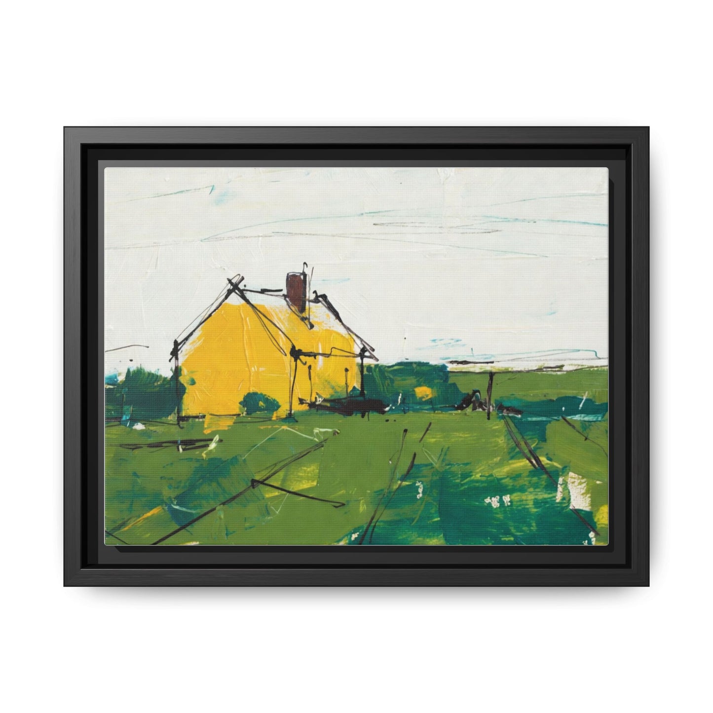 Yellow Cottage Landscape Framed Canvas Print