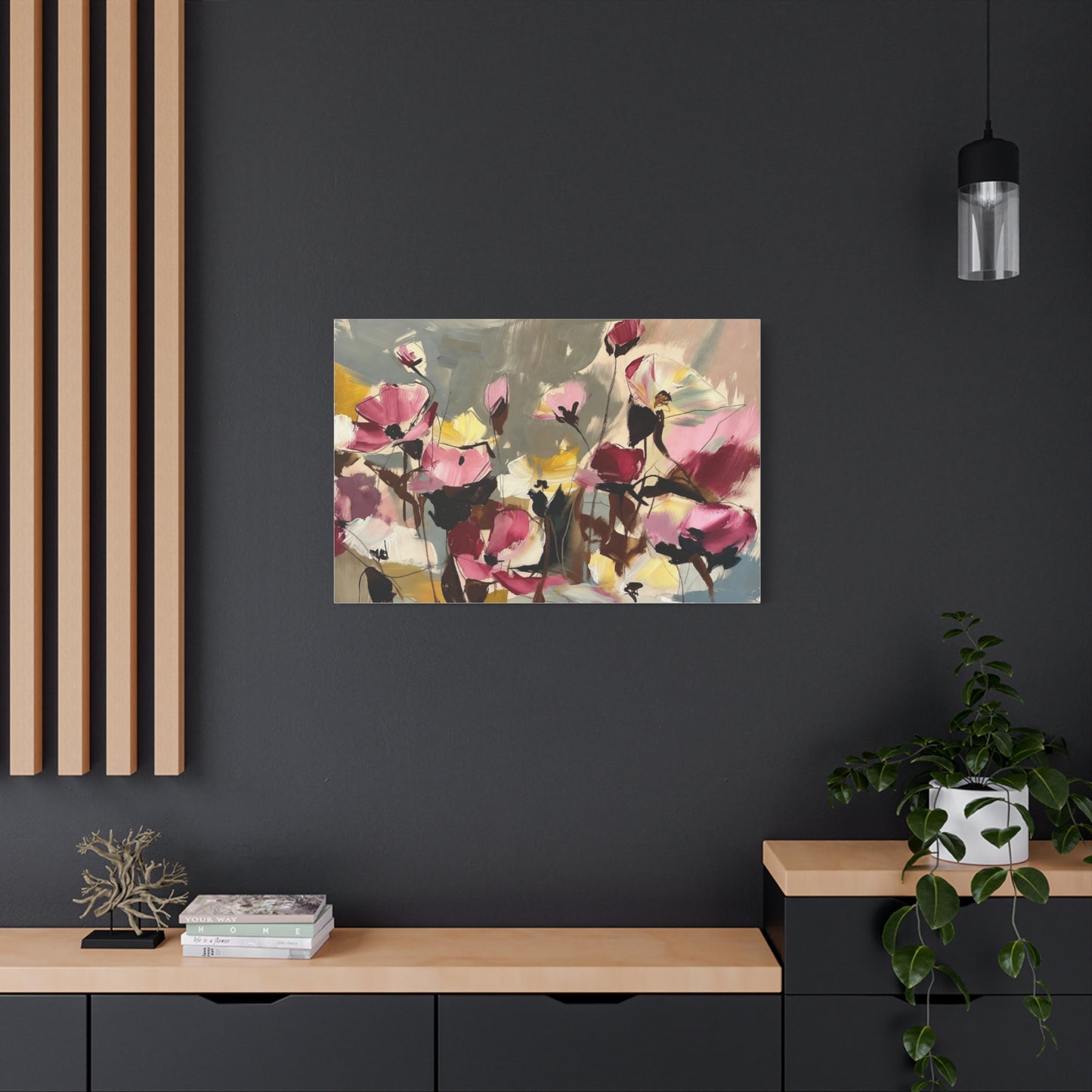 Floral Abstract Canvas Wall Art — Pink & Yellow Bloom Stretched Matte Print