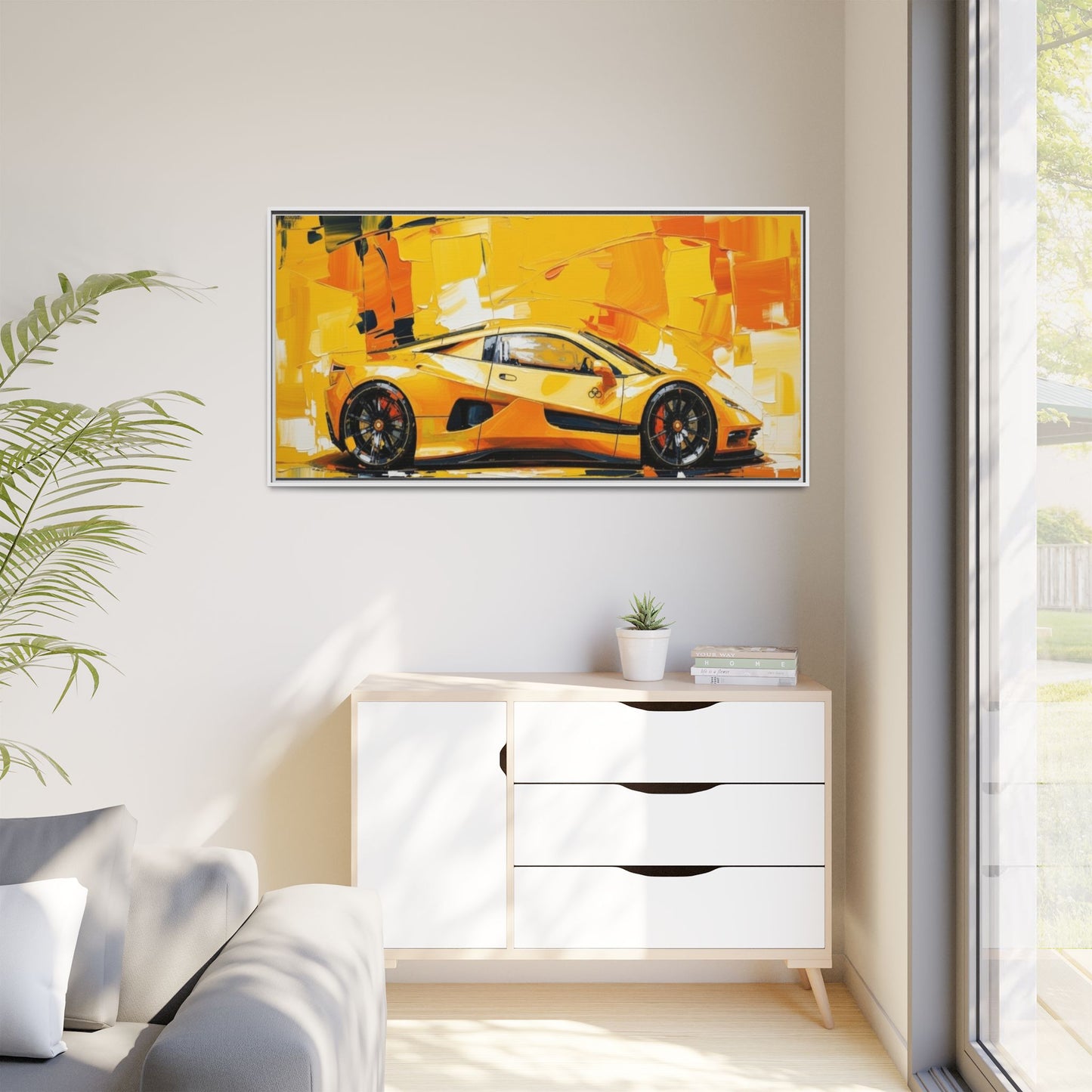 Yellow Sports Car Abstract Matte Canvas Framed Print