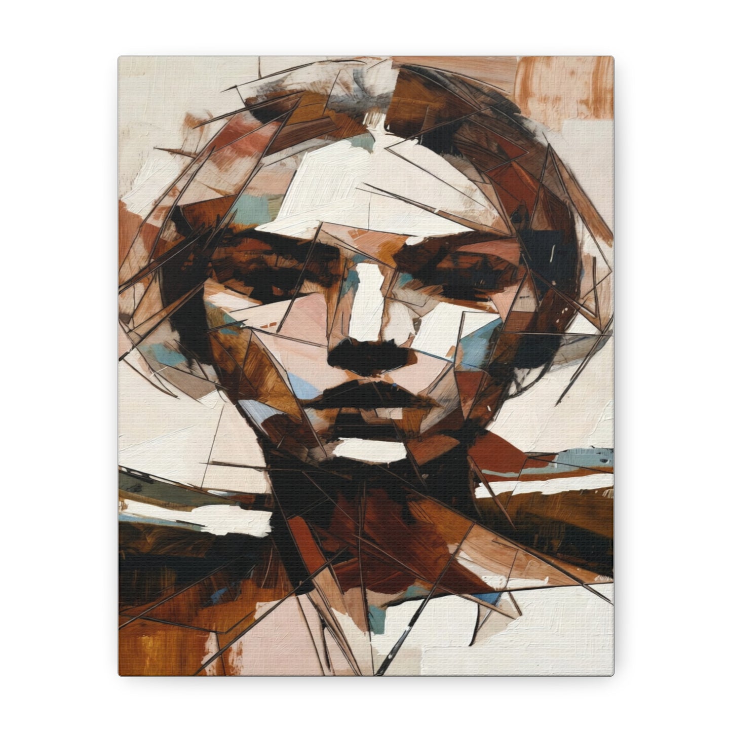 Abstract Geometric Portrait Canvas Print — Modern Brown & Teal Wall Art